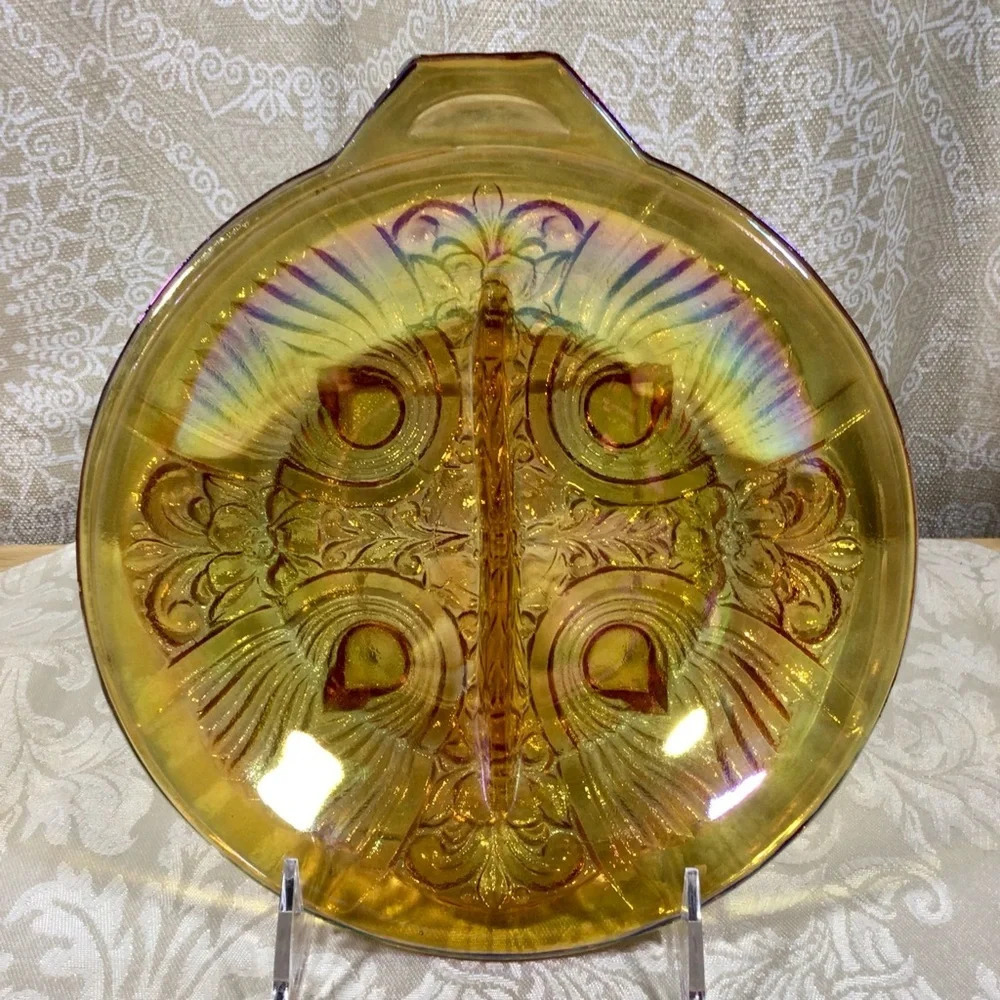 Vintage Carnival Glass Iridescent Marigold Footed Two Section Dish